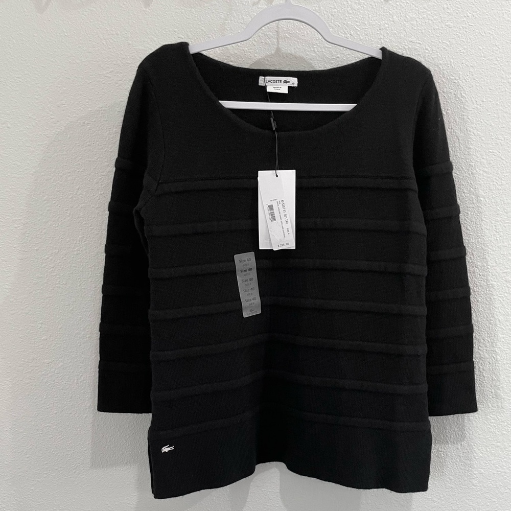 Lacoste Classic Preppy Black Sweater Cashmere Angora Blend Neutral Crewneck